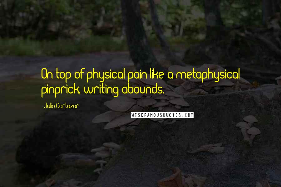 Julio Cortazar quotes: On top of physical pain like a metaphysical pinprick, writing abounds.