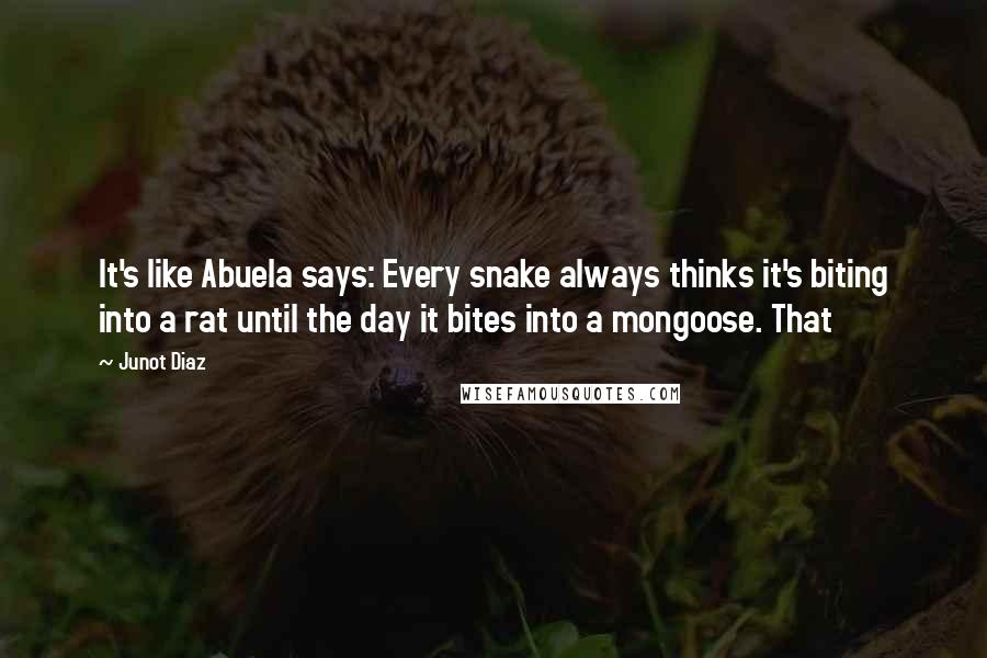 Junot Diaz quotes: It's like Abuela says: Every snake always thinks it's biting into a rat until the day it bites into a mongoose. That