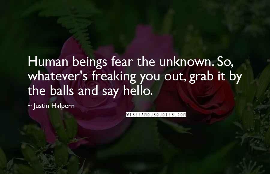 Justin Halpern quotes: Human beings fear the unknown. So, whatever's freaking you out, grab it by the balls and say hello.