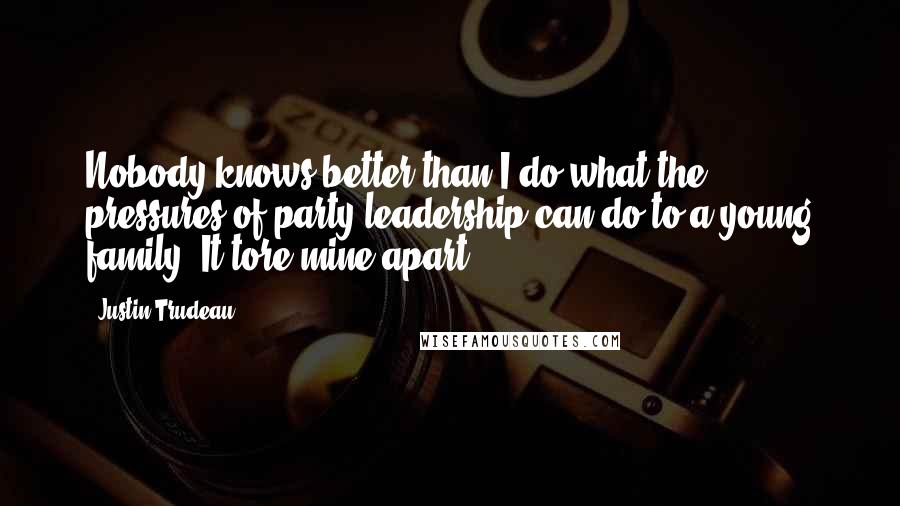 Justin Trudeau quotes: Nobody knows better than I do what the pressures of party leadership can do to a young family. It tore mine apart.