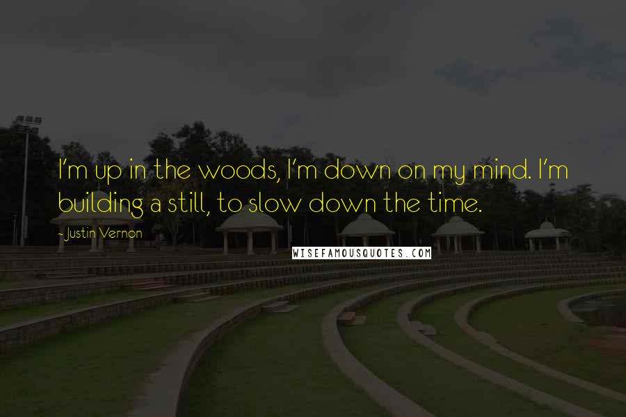 Justin Vernon quotes: I'm up in the woods, I'm down on my mind. I'm building a still, to slow down the time.