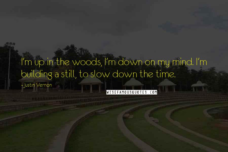 Justin Vernon quotes: I'm up in the woods, I'm down on my mind. I'm building a still, to slow down the time. Justin Vernon quotes: I'm up in the woods, I'm down on my mind. I'm building a still, to slow down the time.