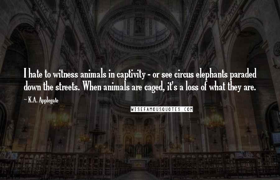 K.A. Applegate quotes: I hate to witness animals in captivity - or see circus elephants paraded down the streets. When animals are caged, it's a loss of what they are.