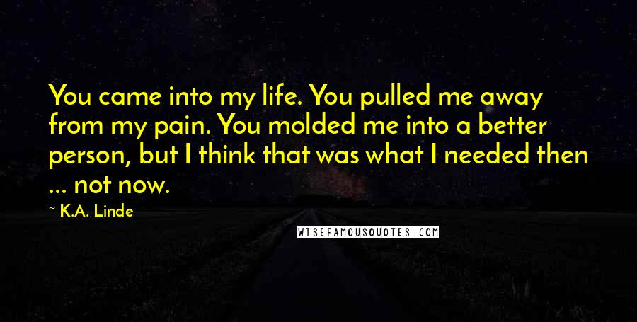 K.A. Linde quotes: You came into my life. You pulled me away from my pain. You molded me into a better person, but I think that was what I needed then ... not