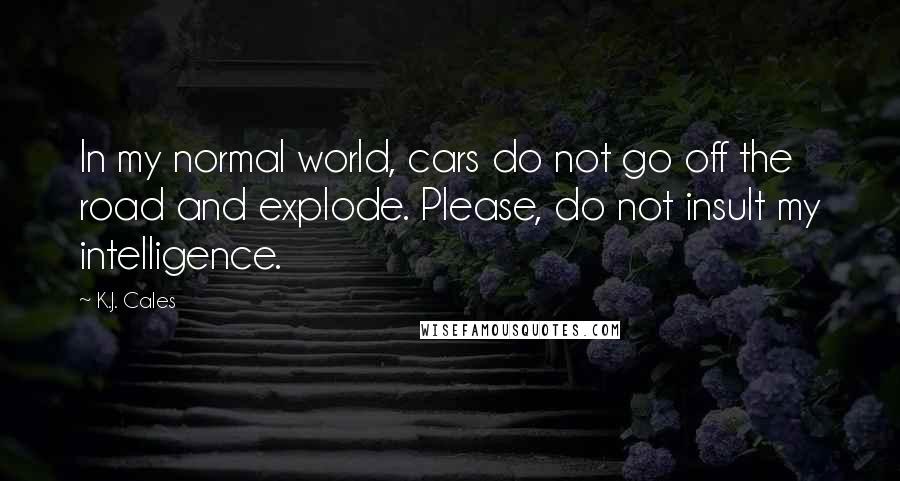 K.J. Cales quotes: In my normal world, cars do not go off the road and explode. Please, do not insult my intelligence.