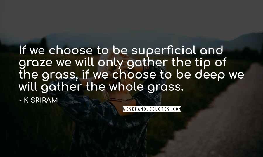 K SRIRAM quotes: If we choose to be superficial and graze we will only gather the tip of the grass, if we choose to be deep we will gather the whole grass. K SRIRAM quotes: If we choose to be superficial and graze we will only gather the tip of the grass, if we choose to be deep we will gather the whole grass.