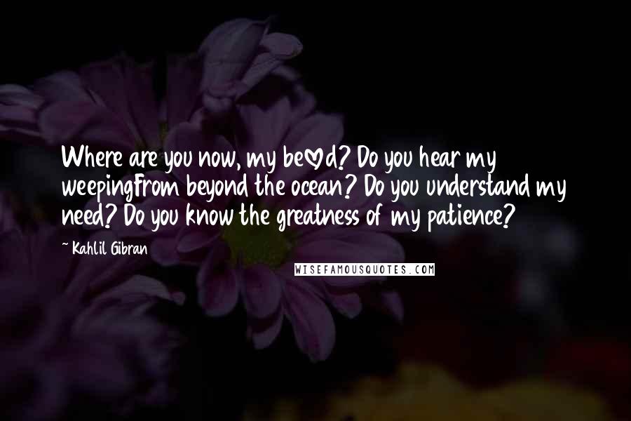 Kahlil Gibran quotes: Where are you now, my beloved? Do you hear my weepingFrom beyond the ocean? Do you understand my need? Do you know the greatness of my patience?