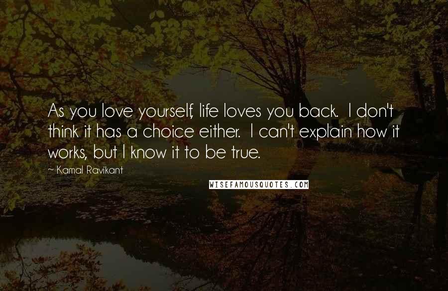 Kamal Ravikant quotes: As you love yourself, life loves you back. I don't think it has a choice either. I can't explain how it works, but I know it to be true.