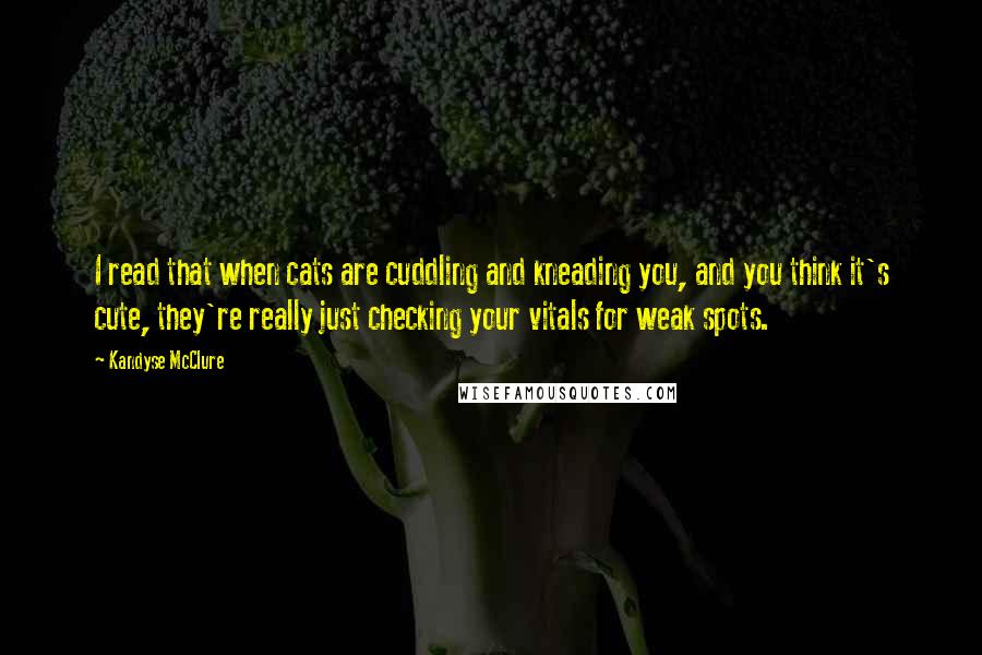 Kandyse McClure quotes: I read that when cats are cuddling and kneading you, and you think it's cute, they're really just checking your vitals for weak spots.