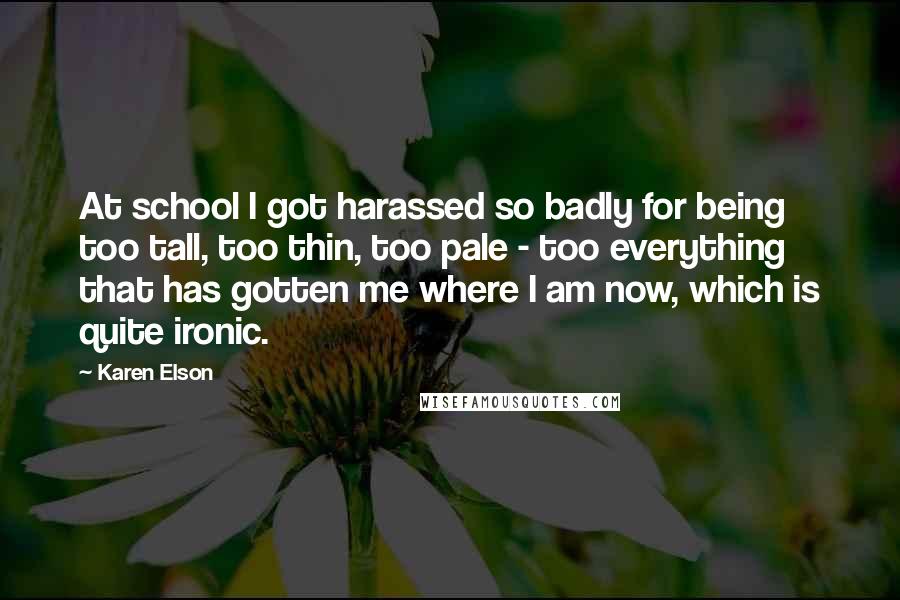 Karen Elson quotes: At school I got harassed so badly for being too tall, too thin, too pale - too everything that has gotten me where I am now, which is quite ironic.