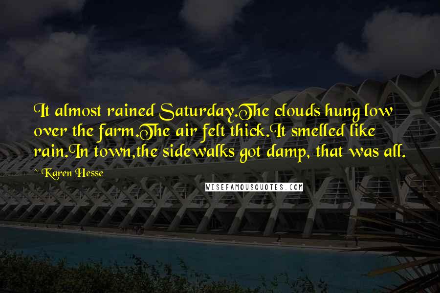 Karen Hesse quotes: It almost rained Saturday.The clouds hung low over the farm.The air felt thick.It smelled like rain.In town,the sidewalks got damp, that was all.