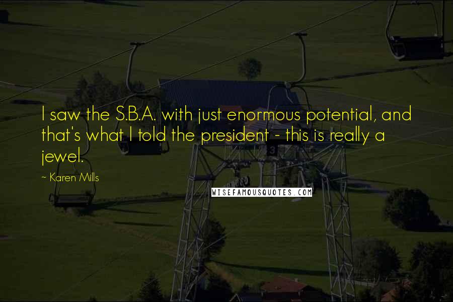 Karen Mills quotes: I saw the S.B.A. with just enormous potential, and that's what I told the president - this is really a jewel.