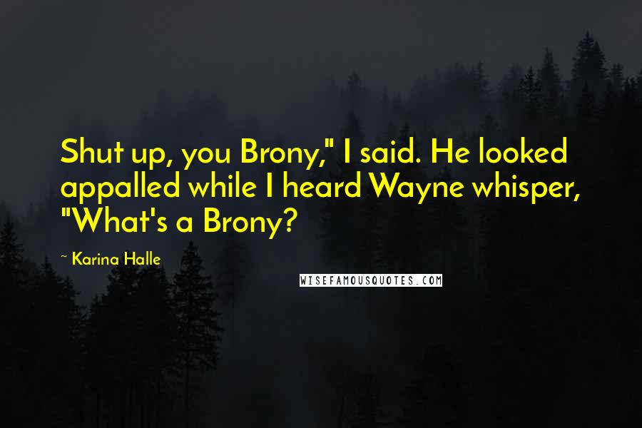 Karina Halle quotes: Shut up, you Brony," I said. He looked appalled while I heard Wayne whisper, "What's a Brony?