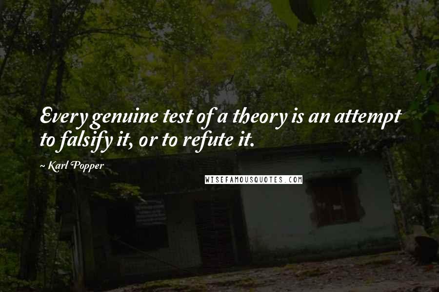 Karl Popper quotes: Every genuine test of a theory is an attempt to falsify it, or to refute it. Karl Popper quotes: Every genuine test of a theory is an attempt to falsify it, or to refute it.