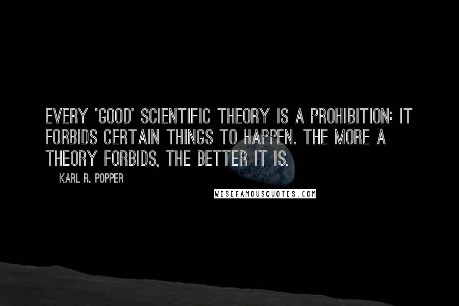 Karl R. Popper quotes: Every 'good' scientific theory is a prohibition: it forbids certain things to happen. The more a theory forbids, the better it is.