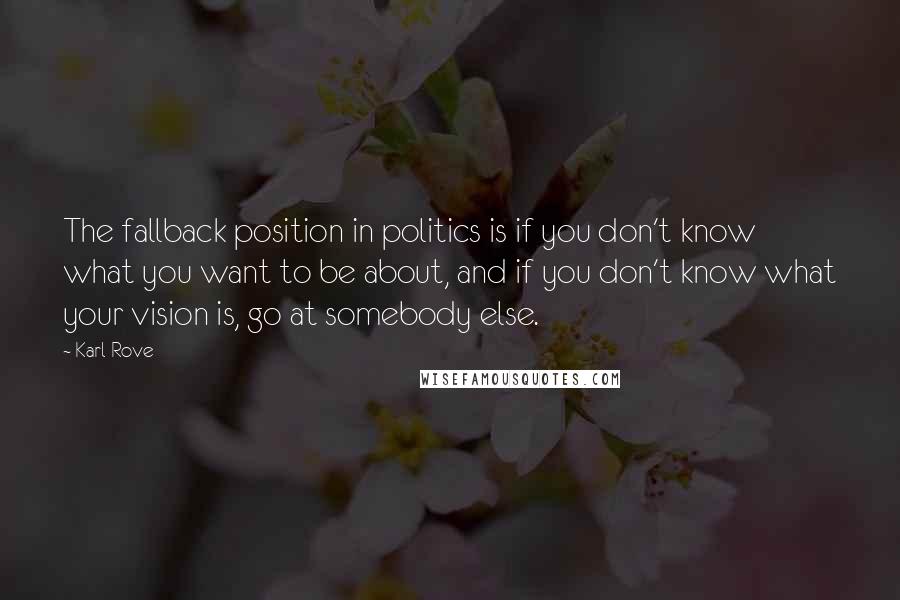 Karl Rove quotes: The fallback position in politics is if you don't know what you want to be about, and if you don't know what your vision is, go at somebody else.