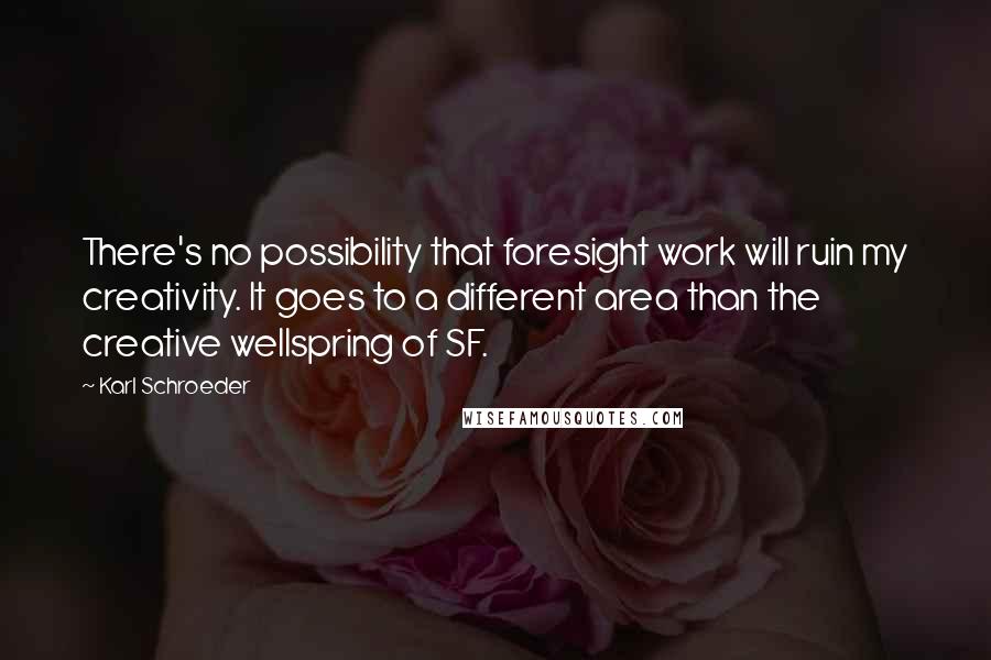 Karl Schroeder quotes: There's no possibility that foresight work will ruin my creativity. It goes to a different area than the creative wellspring of SF. Karl Schroeder quotes: There's no possibility that foresight work will ruin my creativity. It goes to a different area than the creative wellspring of SF.