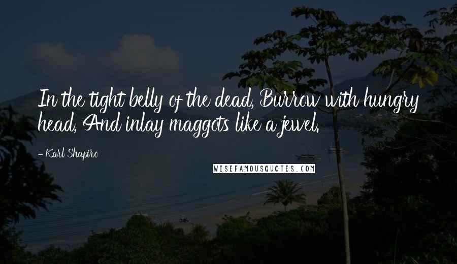 Karl Shapiro quotes: In the tight belly of the dead, Burrow with hungry head, And inlay maggots like a jewel.