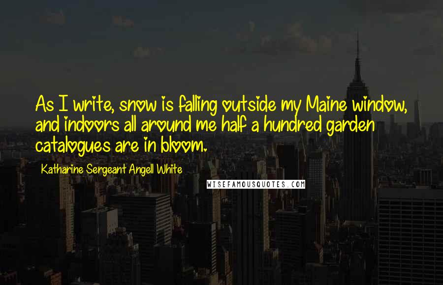 Katharine Sergeant Angell White quotes: As I write, snow is falling outside my Maine window, and indoors all around me half a hundred garden catalogues are in bloom.