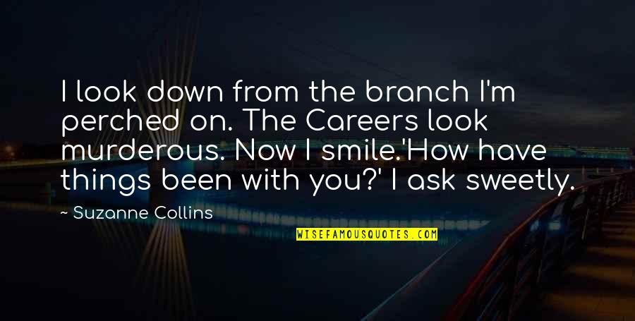 Katniss Hunger Games Quotes By Suzanne Collins: I look down from the branch I'm perched Katniss Hunger Games Quotes By Suzanne Collins: I look down from the branch I'm perched