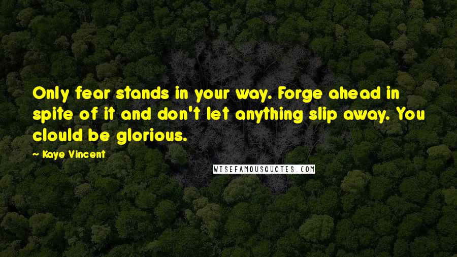 Kaye Vincent quotes: Only fear stands in your way. Forge ahead in spite of it and don't let anything slip away. You clould be glorious. Kaye Vincent quotes: Only fear stands in your way. Forge ahead in spite of it and don't let anything slip away. You clould be glorious.