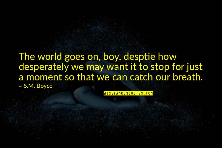 Keaira Quotes By S.M. Boyce: The world goes on, boy, desptie how desperately