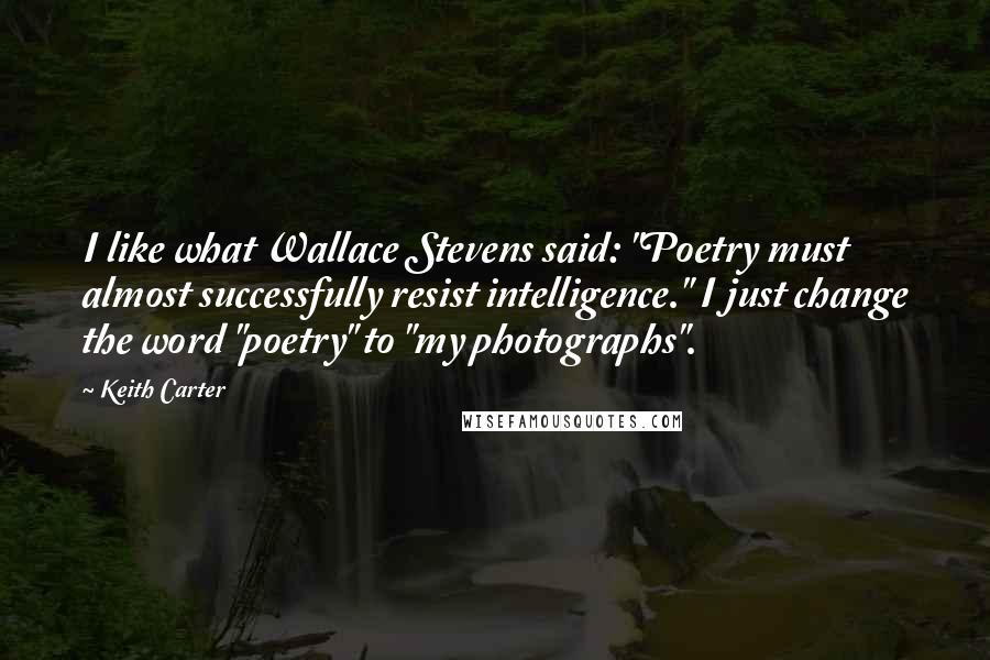 Keith Carter quotes: I like what Wallace Stevens said: "Poetry must almost successfully resist intelligence." I just change the word "poetry" to "my photographs".