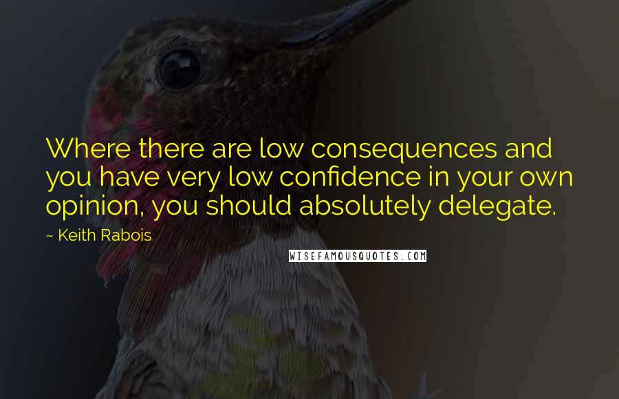 Keith Rabois quotes: Where there are low consequences and you have very low confidence in your own opinion, you should absolutely delegate.