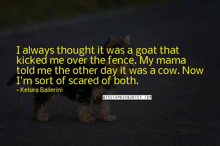Kelsea Ballerini quotes: I always thought it was a goat that kicked me over the fence. My mama told me the other day it was a cow. Now I'm sort of scared of