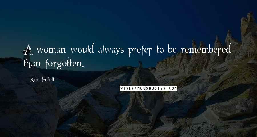 Ken Follett quotes: A woman would always prefer to be remembered than forgotten.