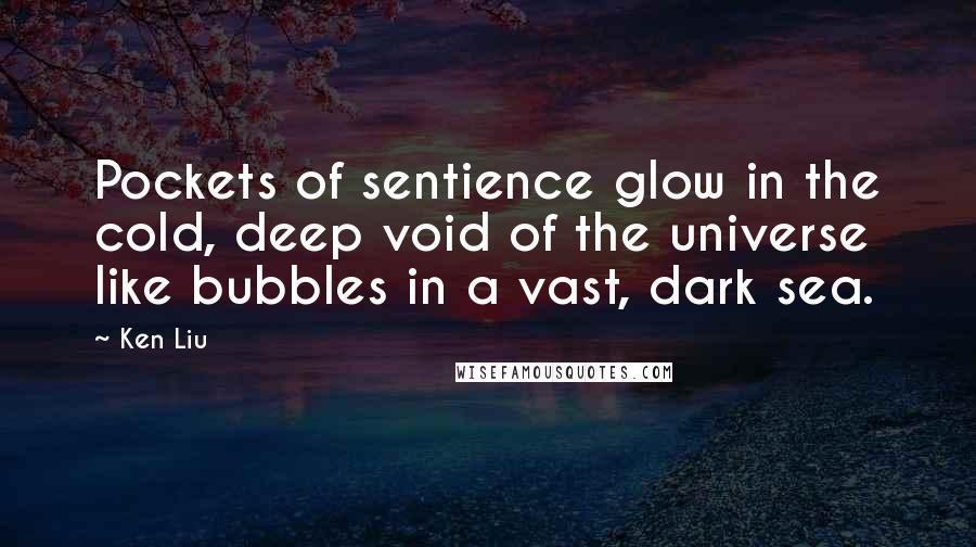 Ken Liu quotes: Pockets of sentience glow in the cold, deep void of the universe like bubbles in a vast, dark sea.