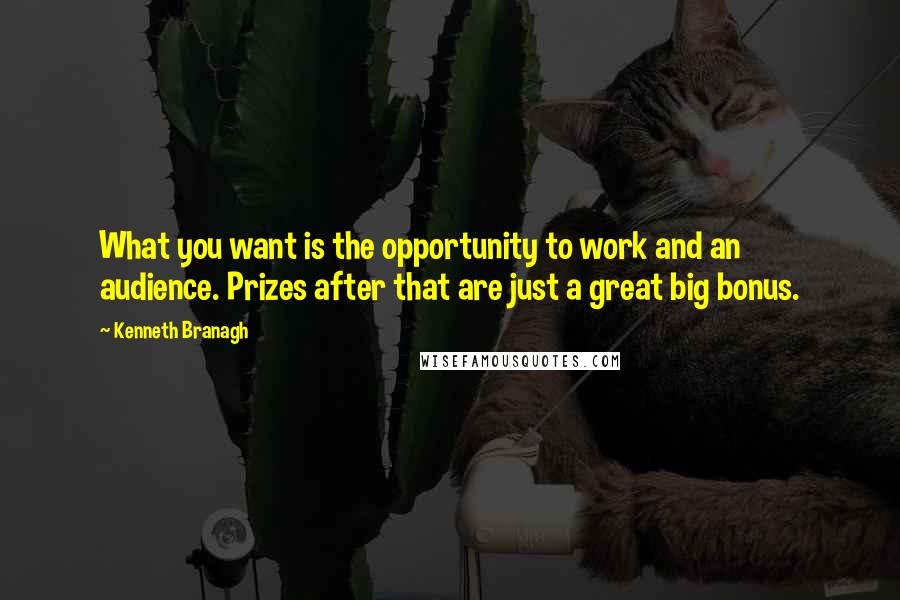 Kenneth Branagh quotes: What you want is the opportunity to work and an audience. Prizes after that are just a great big bonus.