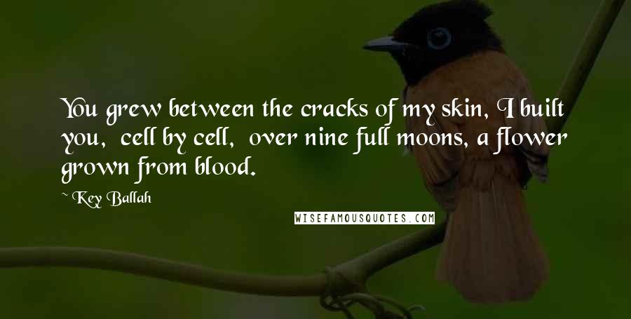 Key Ballah quotes: You grew between the cracks of my skin, I built you, cell by cell, over nine full moons, a flower grown from blood.