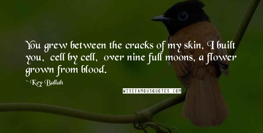 Key Ballah quotes: You grew between the cracks of my skin, I built you, cell by cell, over nine full moons, a flower grown from blood. Key Ballah quotes: You grew between the cracks of my skin, I built you, cell by cell, over nine full moons, a flower grown from blood.