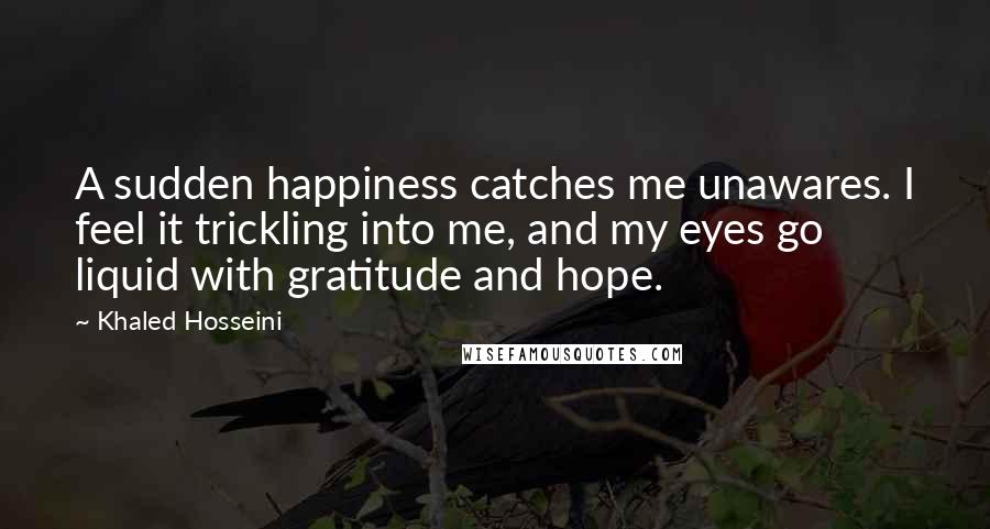 Khaled Hosseini quotes: A sudden happiness catches me unawares. I feel it trickling into me, and my eyes go liquid with gratitude and hope.