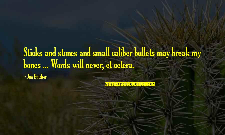 Kieno Jauniklius Quotes By Jim Butcher: Sticks and stones and small caliber bullets may