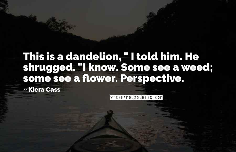 Kiera Cass quotes: This is a dandelion, " I told him. He shrugged. "I know. Some see a weed; some see a flower. Perspective.