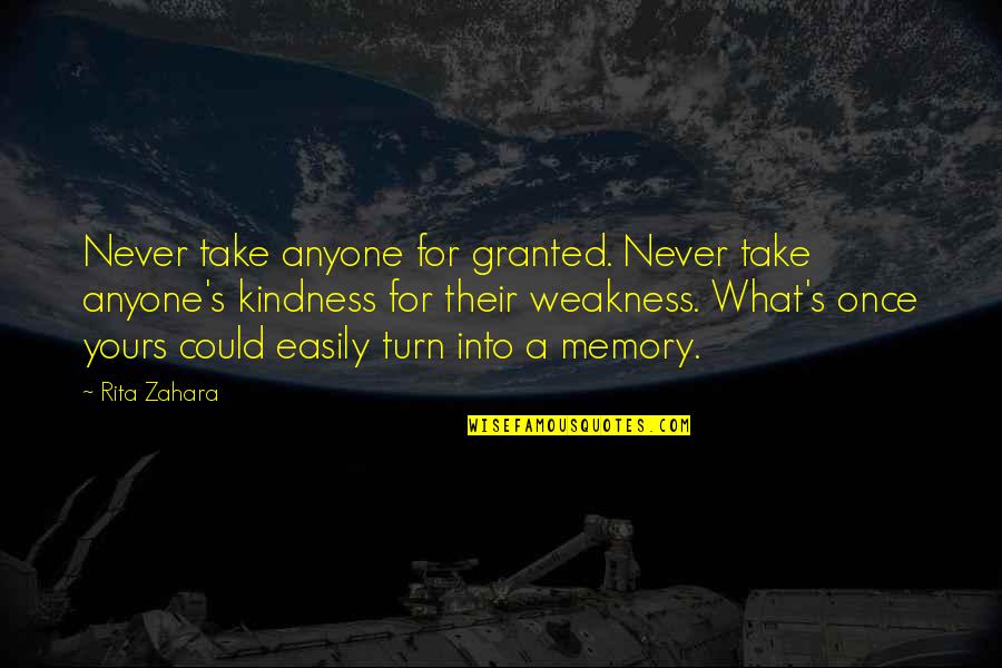 Kindness Weakness Quotes By Rita Zahara: Never take anyone for granted. Never take anyone's