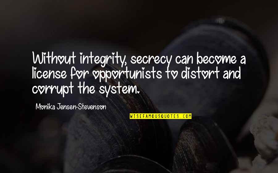 Klontz And Hurtt Quotes By Monika Jensen-Stevenson: Without integrity, secrecy can become a license for