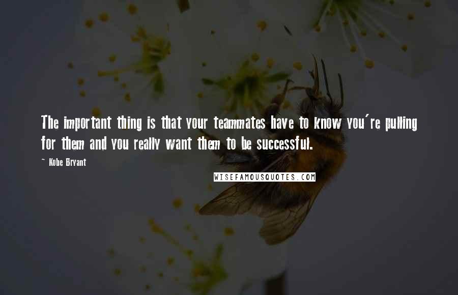 Kobe Bryant quotes: The important thing is that your teammates have to know you're pulling for them and you really want them to be successful. Kobe Bryant quotes: The important thing is that your teammates have to know you're pulling for them and you really want them to be successful.