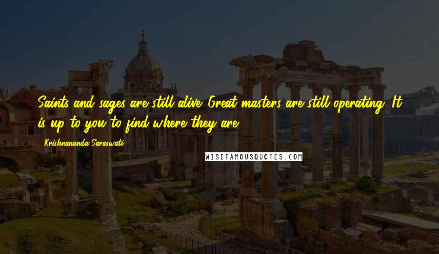Krishnananda Saraswati quotes: Saints and sages are still alive. Great masters are still operating. It is up to you to find where they are. Krishnananda Saraswati quotes: Saints and sages are still alive. Great masters are still operating. It is up to you to find where they are.