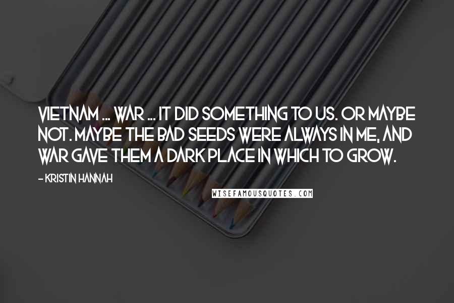 Kristin Hannah quotes: Vietnam ... war ... it did something to us. Or maybe not. Maybe the bad seeds were always in me, and war gave them a dark place in which to