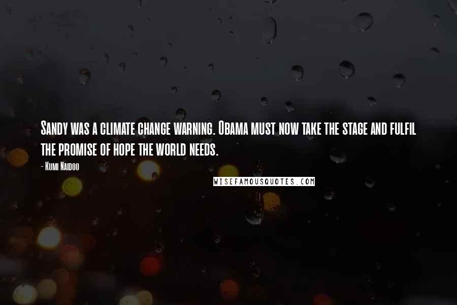 Kumi Naidoo quotes: Sandy was a climate change warning. Obama must now take the stage and fulfil the promise of hope the world needs.