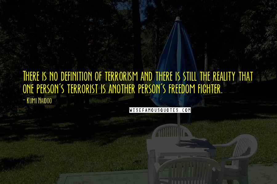 Kumi Naidoo quotes: There is no definition of terrorism and there is still the reality that one person's terrorist is another person's freedom fighter.