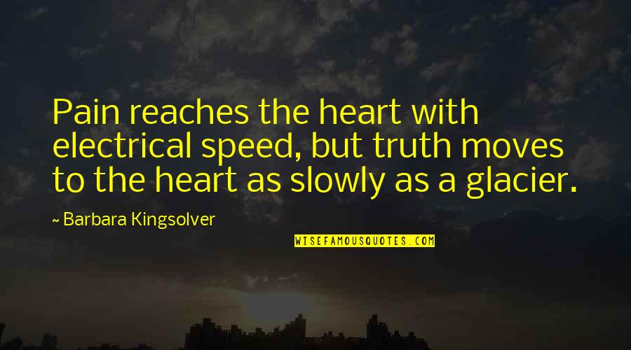 Kwangtung Arts Quotes By Barbara Kingsolver: Pain reaches the heart with electrical speed, but Kwangtung Arts Quotes By Barbara Kingsolver: Pain reaches the heart with electrical speed, but