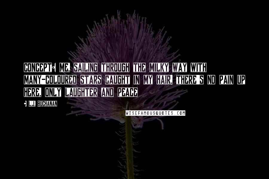 L.J. Buchanan quotes: concept: me, sailing through the milky way with many-coloured stars caught in my hair. there's no pain up here, only laughter and peace L.J. Buchanan quotes: concept: me, sailing through the milky way with many-coloured stars caught in my hair. there's no pain up here, only laughter and peace