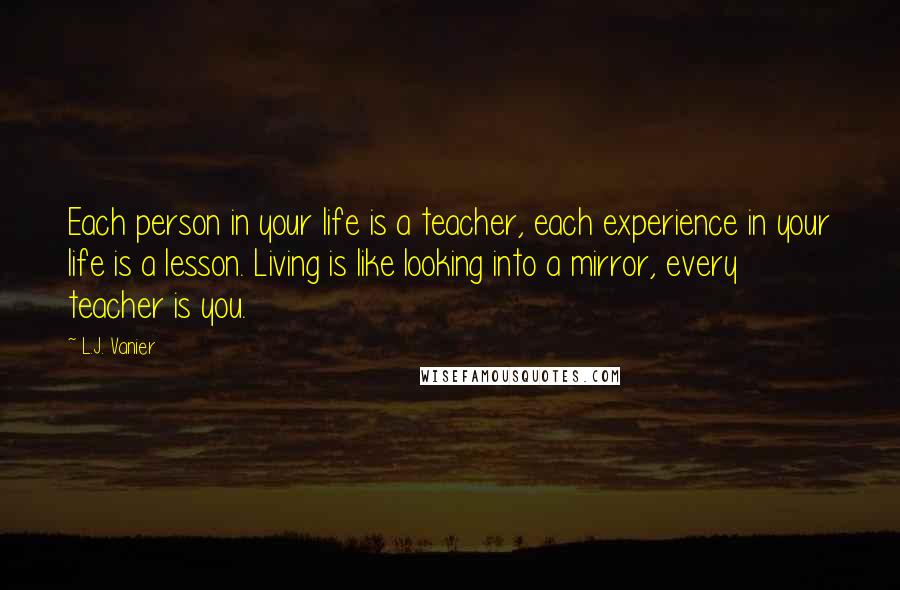 L.J. Vanier quotes: Each person in your life is a teacher, each experience in your life is a lesson. Living is like looking into a mirror, every teacher is you.