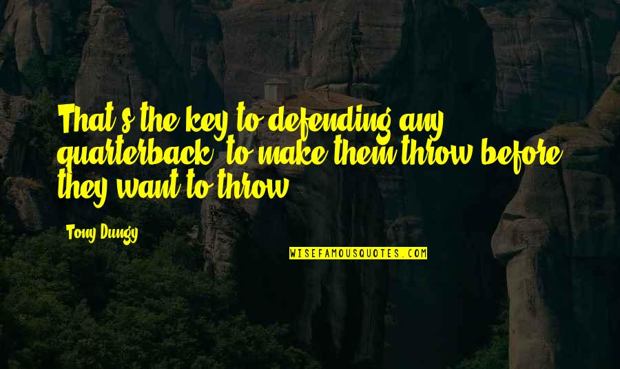 Lady C I'm A Celebrity Quotes By Tony Dungy: That's the key to defending any quarterback: to