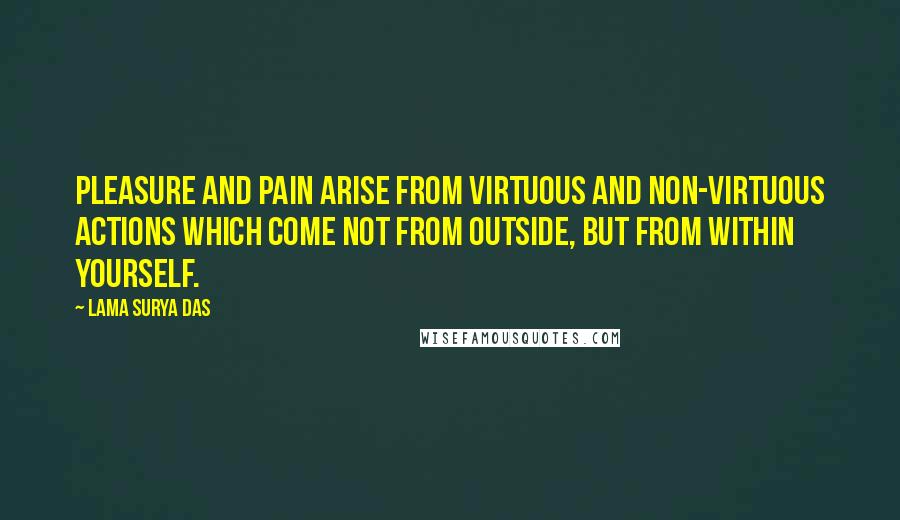 Lama Surya Das quotes: pleasure and pain arise from virtuous and non-virtuous actions which come not from outside, but from within yourself.