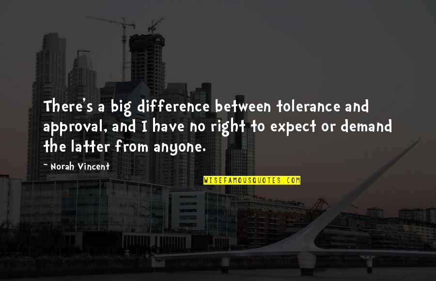 Latter Quotes By Norah Vincent: There's a big difference between tolerance and approval,